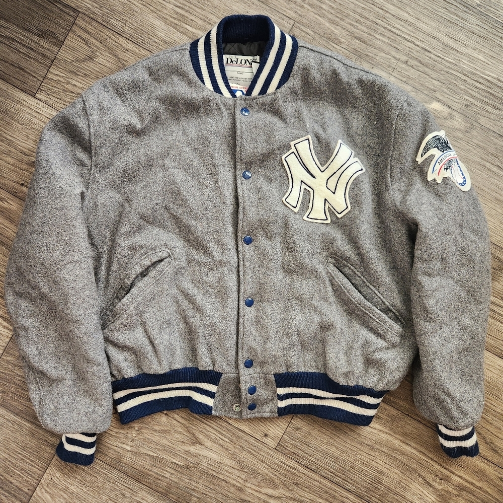 Vintage Gray Wool New York Yankees Bomber Jacket